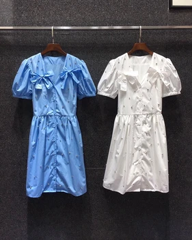 

2020 Spring and Summer New Women's V-neck Heavy Bow Beaded Drill Stitching Decorations Short-Sleeve Dress 709