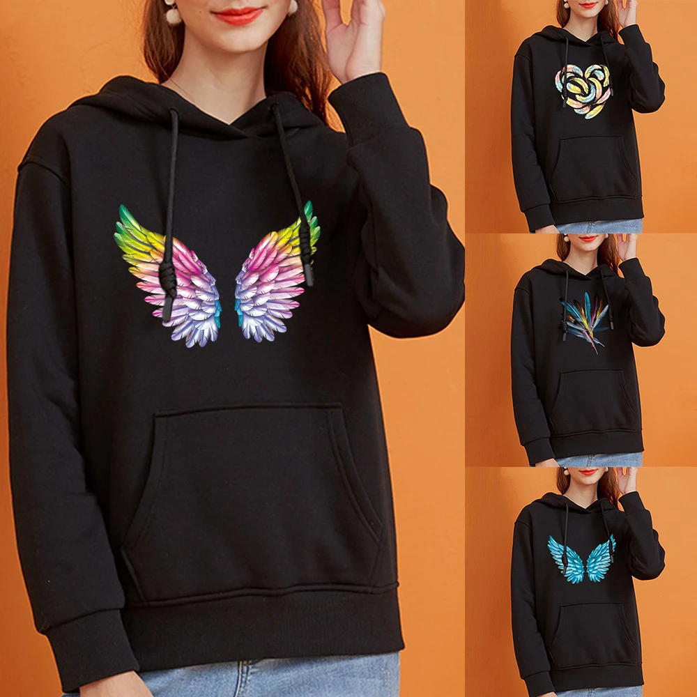 Sweatshirt Woman Black Hoodies Female Spring and Autumn Color Feather Wings Printing Couple Sweater Autumn for Women