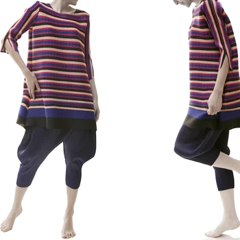 

Miyake Pleated New Stripe T-shirt Women's Medium Length Loose Korean Base Shirt Slim Large Size