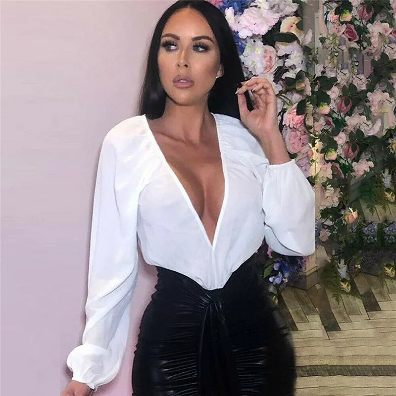 

Sexy Womens Deep V Neck Tops Jumpsuit Solid Color Long Sleeve Bodysuit Shorts Playsuit Bodycon Party Jumpsuit Romper Blouse