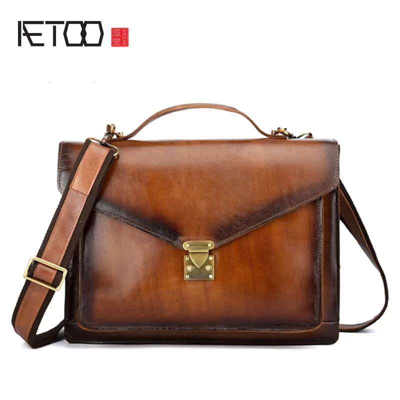 

BJYL New retro leather handbag casual shoulder bag Hand-brushed first layer leather men's business briefcase