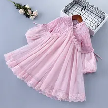 Высококачественное весеннее платье для девочек возрастом от 3 до 7 лет Новинка года, детская одежда из шифона с кружевными цветами и рюшами платье принцессы для девочек