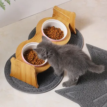 

Cute Pets Double Bowl Dog Cat Food Water Dog Feeder Stand Raised Ceramic Dish Bowl Wooden Table Cute Cat Bowl Pet Supplies