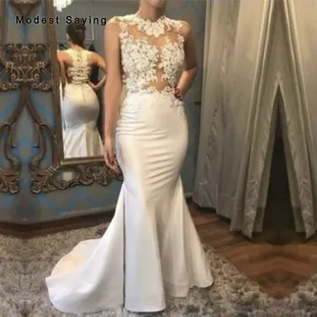 

Sexy Sheer Ivory Mermaid O Neck Lace Wedding Dresses 2020 Zipper Up Back Formal Women Applique Bridal Gowns vestidos de noiva