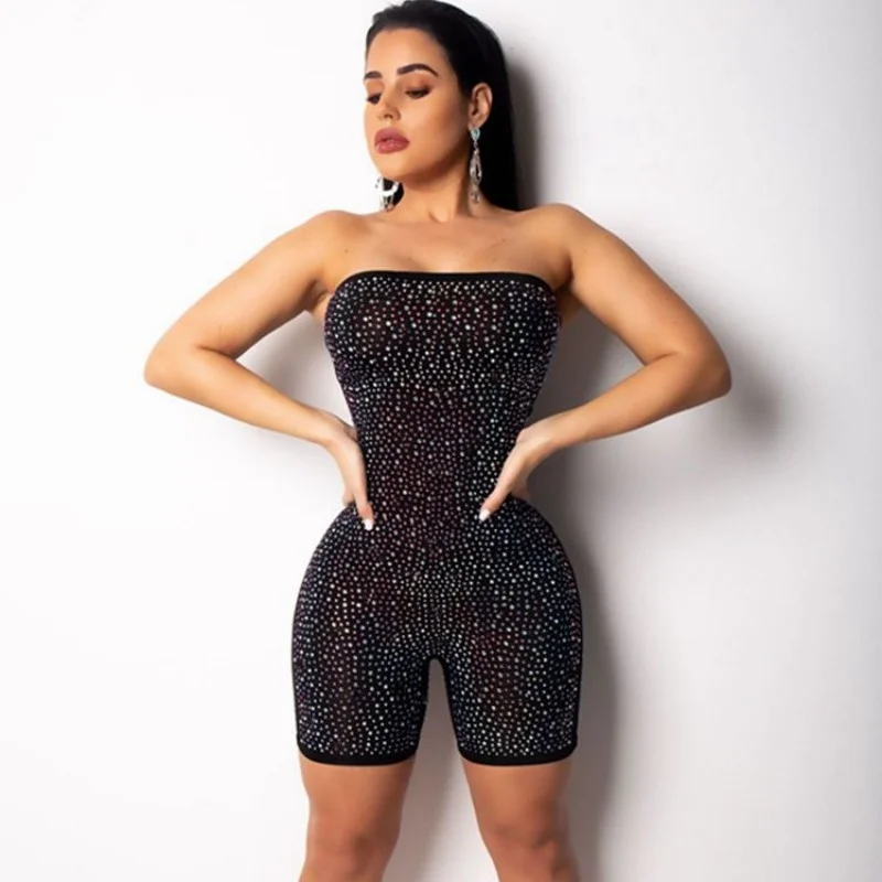 

Hot Women Sexy Strapless Sequin Bling Clubwear Playsuit Bodycon Tube Low Cut Backless Shorts Jumpsuit Club Party Playsuits