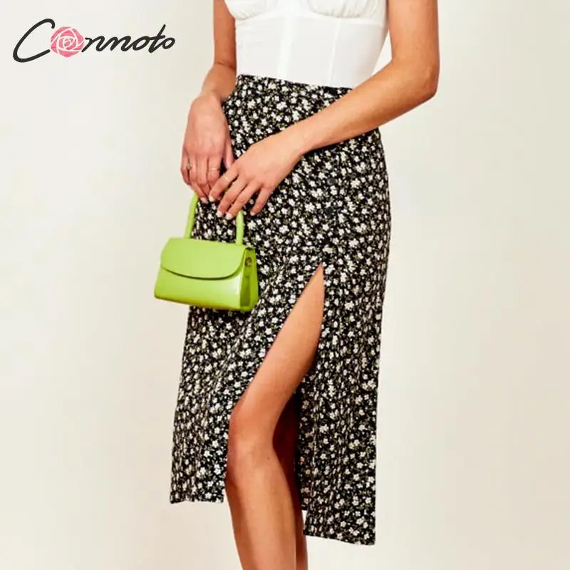 Conmoto, женская модная юбка с цветочным принтом,, Женская юбка средней длины с высокой талией и разрезом сбоку, женские повседневные пляжные юбки для отдыха, Mujer