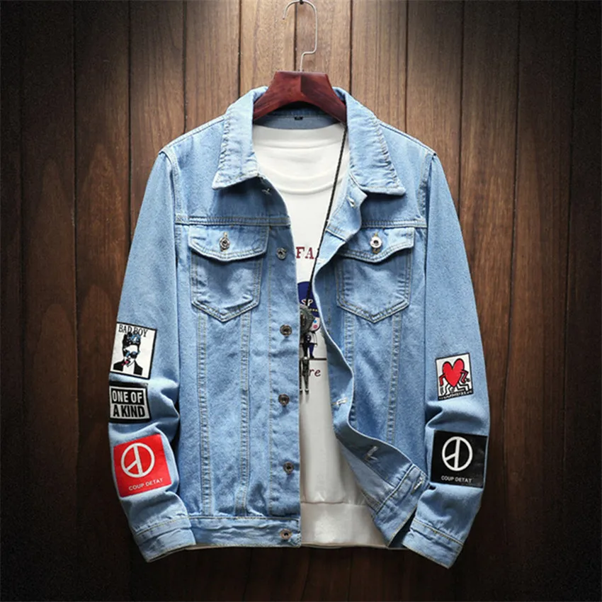 

2019 fall winter Mens Denim Jackets Slim Fit Mens Jeans Jacket Cotton Outwear Coat Long Sleeve Print Male Clothing plue Size 5XL