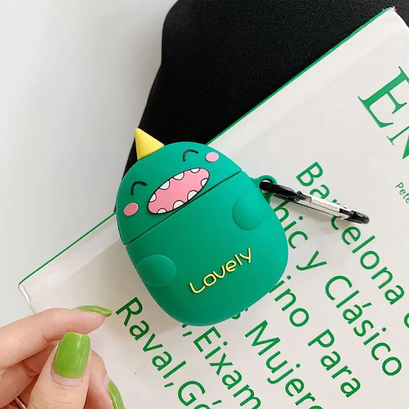 

Green Dinosaur Pattern Soft Silicone Protective Case Shockproof Cover Skin Protector with Carabiner for Airpods 1/2 Charging Box