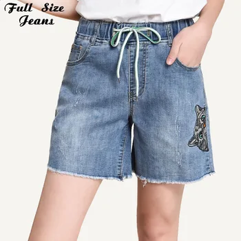 

Women Plus Size Cute Cat Embroidery Lace Up Elastic Waist Short Jeans 7Xl Summer Student Casual Loose Denim Shorts Bermuda Femme