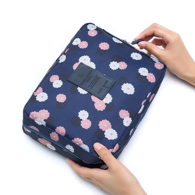 FUDEAM Multifunction Women Outdoor Storage Bag Toiletries Organize Cosmetic Bag Portable Waterproof Female Travel Make Up Cases Navy Flower