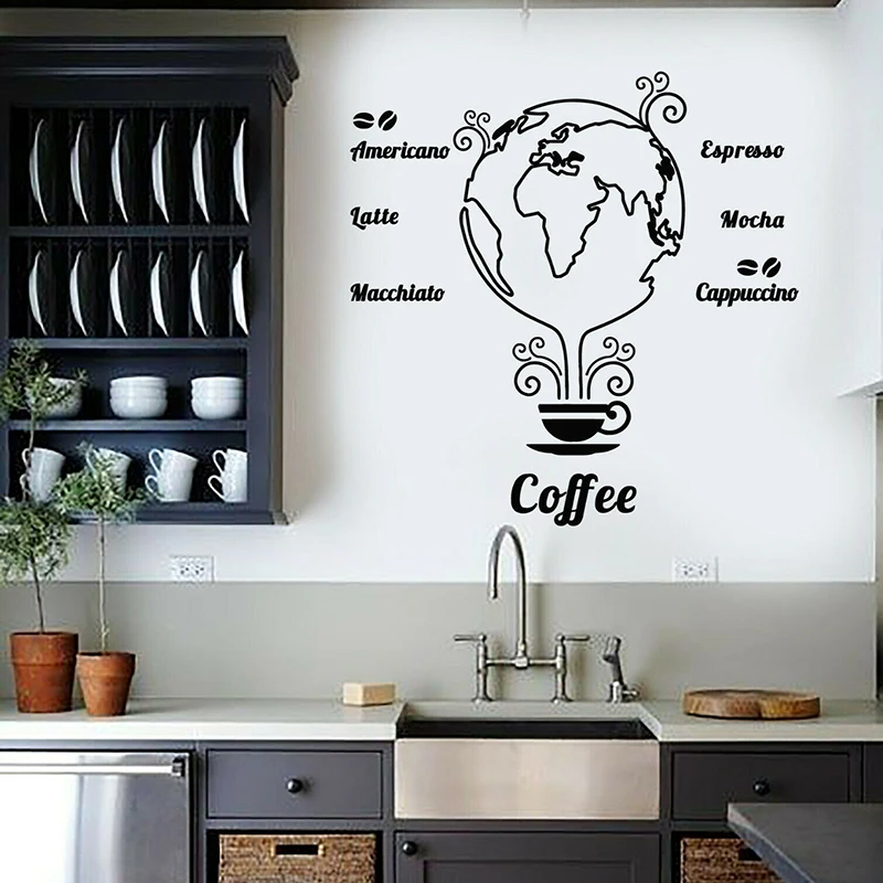 Large Coffee Beans Cups Cafe Earth Globe Wall Stickers Kitchen Restaurant Coffee World Map Globe Wall Decal Dinning Room Vinyl  (3)