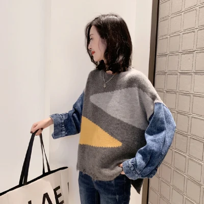 

Pullover O Neck Hedging Denim Stitching Contrast Sweater Women Autumn Winter All-Match Long-Sleeved Sweater Loose Lazy Wind Top
