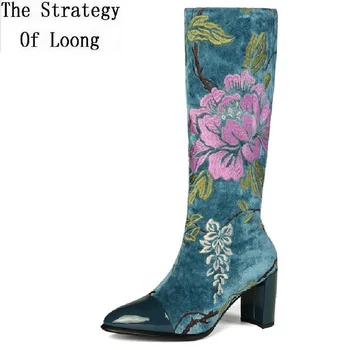 

China Style Women Embroider Flock Fashion Long Boots Lady Pointed Toe Embroidery Flock Botas Ladies Knee-High Boots 191105
