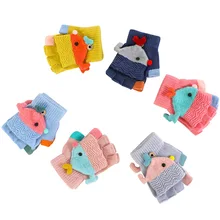 Перчатки для маленьких мальчиков и девочек; зимние теплые толстые перчатки с Откидывающейся Крышкой на половину пальцев; детские варежки с милыми птицами из мультфильмов