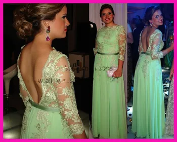 

robe de soiree 2019 New Fashion abiye Green Lace Floor Length Long Sleeve V Back Chiffon Evening Dress formal dress Prom Gowns