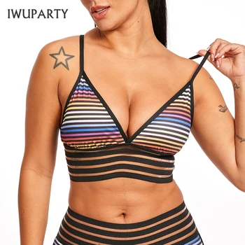 

IWUPARTY Sexy V-neck Fitness Bra Women Breathable Workout Underwear Fashion Stripe Printed Beach Crop Top Push Up Bra Summer