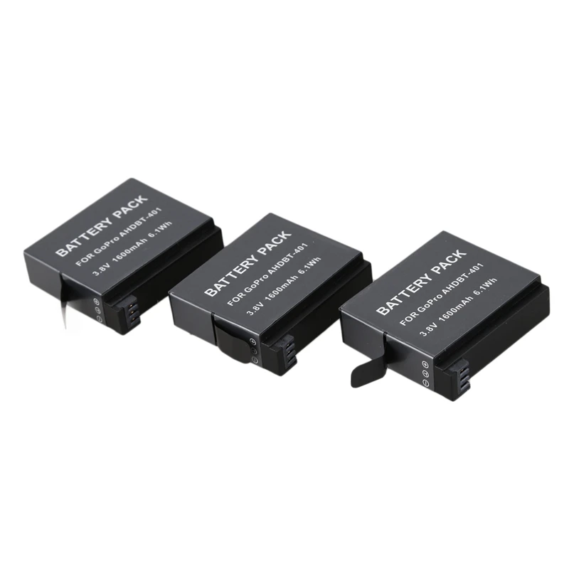 3 x AHDBT 401 батареи+ зарядное устройство адаптер для GoPro Hero 4 BC423, черный