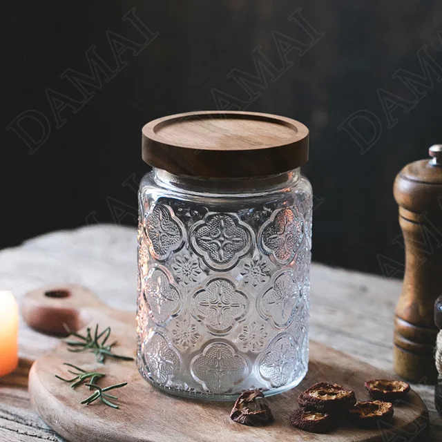 Relief Glass Storage Jar Carved Flower with Wooden Lid Sugar Crystal  Jars Seal Tea Caddy Grain Dispenser Kitchen Supplies 1