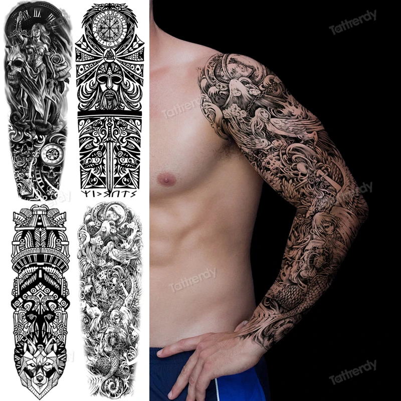Tanio Tribal Totem całe ramię tymczasowy tatuaż rękaw dla mężczyzn