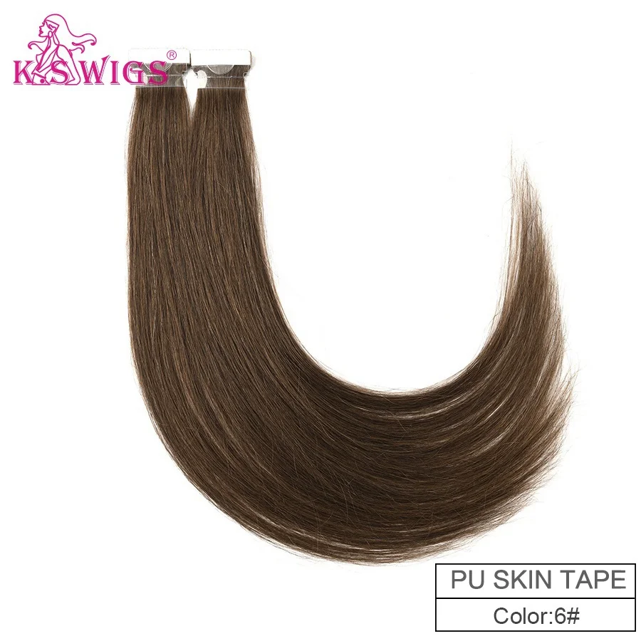 #6 K.S парики 1" 20" 2" Remy, завязанные вручную ленты, искусственная кожа, уток волос, прямые, двойные, нарисованные, невидимые, бесшовные, клейкие волосы для наращивания - Цвет: #6