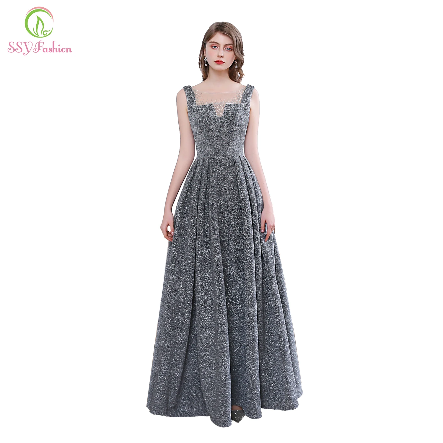 SSYFashion, новинка, простое серое вечернее платье, сексуальное, без рукавов, с блестками, для банкета, сверкающее, длинное, официальное, для вечеринки, платья, Vestidos De Noche