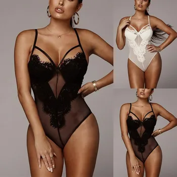 

Fashion Sexy Women Lace Teddy Bodysuit V-neck Open Back Sleeveless Hollow Lace Temptation Underwear Lingerie Sleepwear Jumpsuit