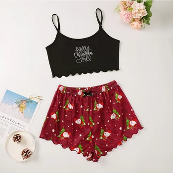 

2020 Casual Merry Christmas Letter Santa Claus Cartoon Print Camis Shorts Women Sets Christmas Women Pajama Sets Dropshipping