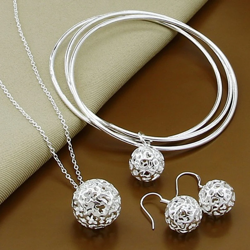 High Quality 925 Sterling Silver Fashion Simple Round Ball Necklace Bangles Earrings Jewelry Set For Women Men Gift