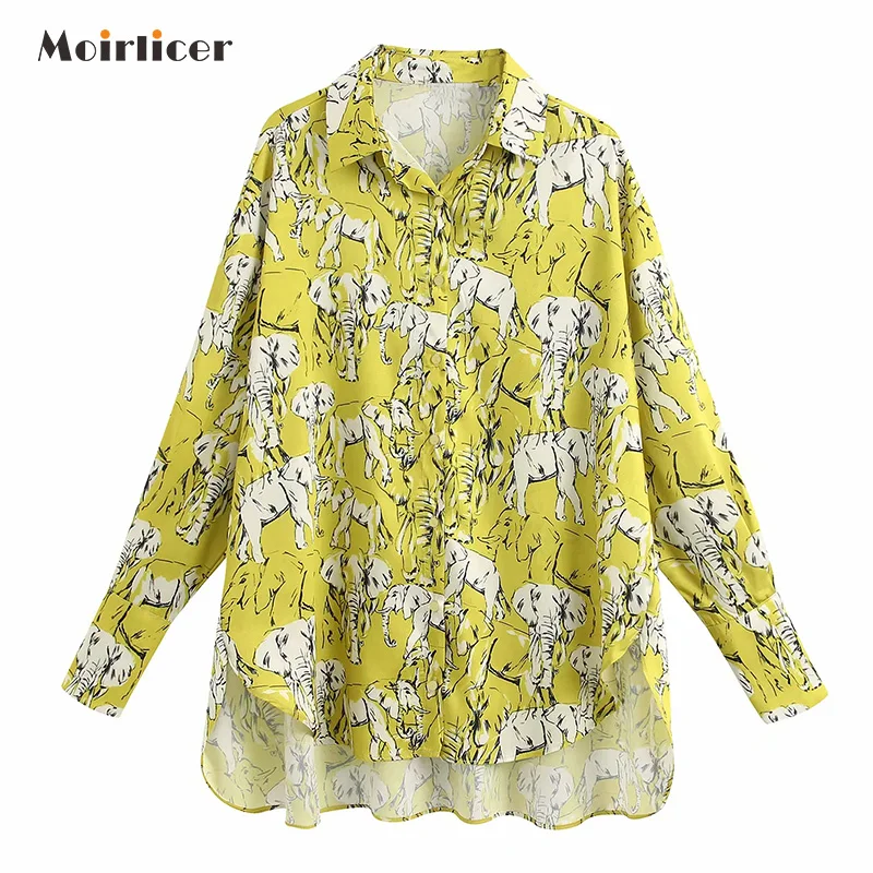 

2020 women chic elephant pattern blouse animal print long sleeve oversized shirt female stylish tops blusas mujer