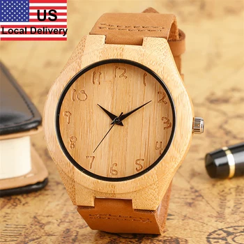 

US Local Delivery Men's Watch Natural Bamboo Wood Watch for Male Brown Genuine Leather Watch Band Stylish Wooden Wristwatches