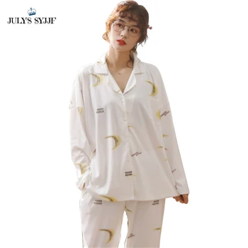 

JULY'S SYJJF Cotton 2 Pieces Printed Girl Soft Pajamas Set Moon Clouds Long leeves Women Spring Autumn Pajamas Sleep Home wear