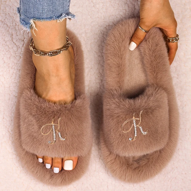 Slippers Women Furry Slides Fashion Rhinestone Letter Fluffy Flip Flops Ladies Winter Slippers Platform Sandals Female Shoes Khaki1