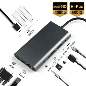 

2020 Type c to Single Hdmi Pd Sd Tf Audio VGA RJ45 USB3.0 Expansion Dock With Audio Splitter Poort usb 3.0 Type C Hub #YL10