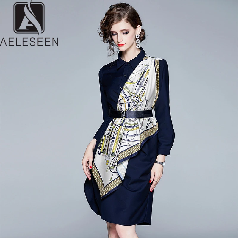 AELESEEN Новая мода офисная Дамская рубашка платья женские Лоскутные дизайнерские Подиумные принтованные аппликации миди свободное платье с поясом
