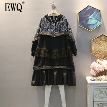 

[EWQ] 2020 Autumn Winter New Pattern Round Collar Long Sleeve Suqin Patchwork Tassel Pullovers Vintage Dress Women AH91701