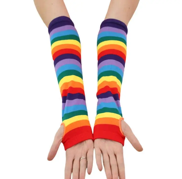 Mitten Gloves Женские носки до бедра, полосатые тонкие гетры, радужные рукавицы, перчатки, радужные гетры - Цвет: Mitten Gloves