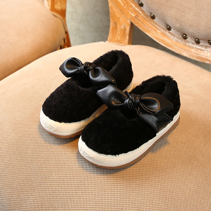Winter Kids Cotton Shoes Plush Keep Warm Cute Bow Flat Girls Sneakers Fashion Solid Color Children Girls Snow Boots Black SX342 - Цвет: SX342Black