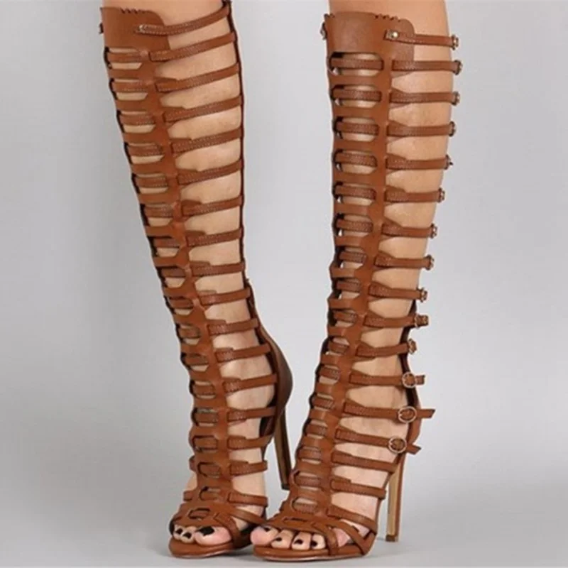 

Sexy Brown Gladiator Heels Hollow Out Knee High Boots Open Toe Stiletto Heels Strappy Sandals Buckle Strap Club Dress Shoes