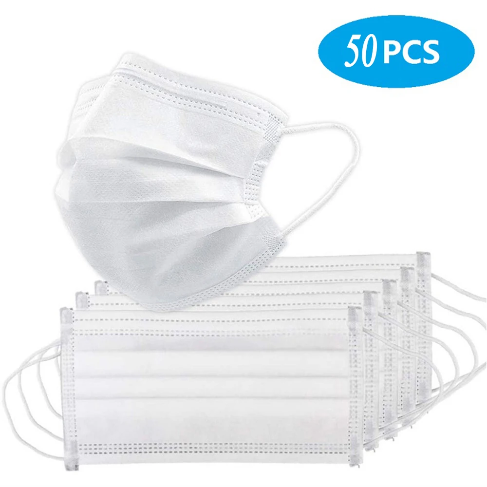 

3-layer mask 50pcs White Colors Face Mouth Masks Non Woven Disposable Anti-Dust Meltblown cloth Masks Earloops Masks