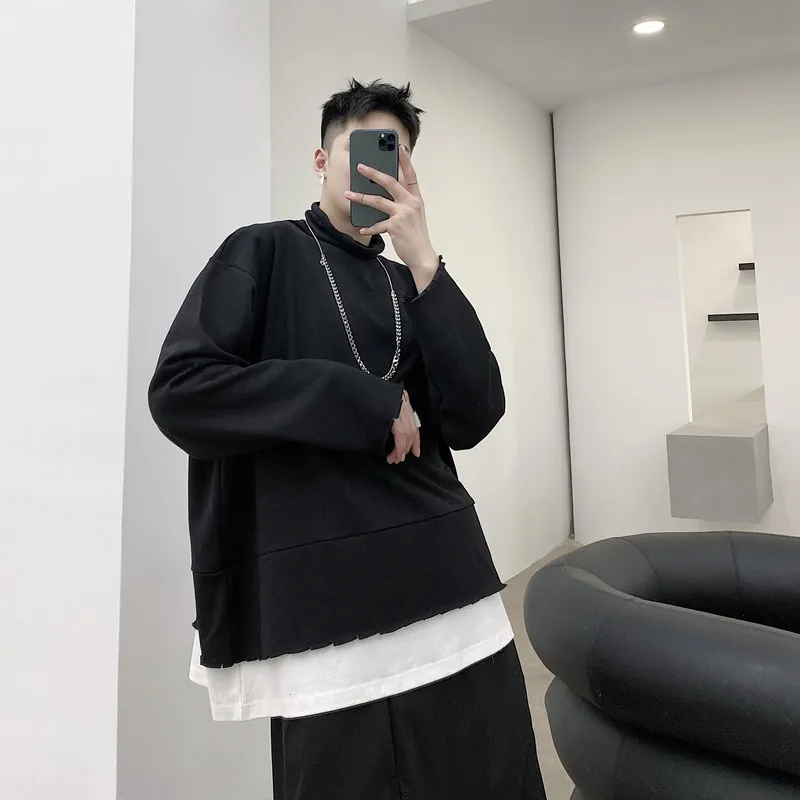 Men's long-sleeved autumn wear Men's loose fake two high-necked teen hip hop outerwear trends