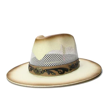 

LUCKYLIANJI Women Men's Straw Sun Breathable Mesh Beach Wide Brim Hollow Out Panama Jazz Hat American Pride Leather Band ( 58cm)