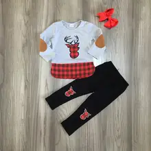 Осенне-зимняя Рождественская детская одежда для маленьких девочек эксклюзивная серая хлопковая одежда в клетку с оленем и заплатками подходящие аксессуары