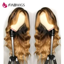 Fabwigs T4/27 эффектом деграде(переход от темного к Синтетические волосы на кружеве человеческих волос парики с детскими волосами предварительно вырезанные Мёд блондинка Синтетические волосы на кружеве парик 13x4 Реми волнистые синтетические волосы парики