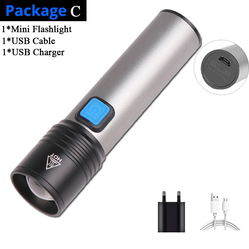 Package C 1200 мАч мини-фонарик Портативный светодиодный фонарик USB Перезаряжаемый домашний водонепроницаемый фонарик 4 режима встроенный аккумулятор для сна - Испускаемый цвет: Package C