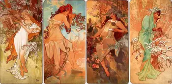 

Handmade Art Paintings by Teachers - Spring Summer Autumn Winter four seasons panels Alphonse Mucha girls beauty - Oil on Canvas