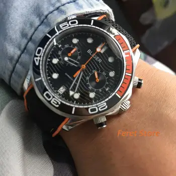 

Bliger new 41mm silver case sapphire crystal ceramic bezel black dial date rubber strap chronograph quartz mens top luxury watch