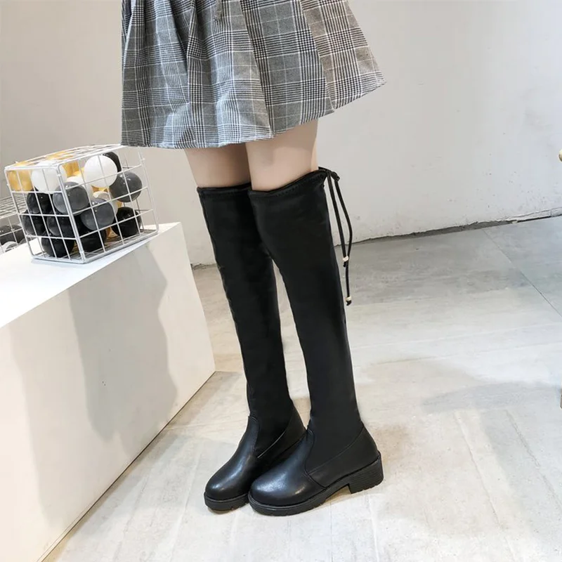 Autumn Women Over The Knee Boots Female Round Toe Platform Casual Footwear Ladies Square Heel Shoes Lace Up Thigh High Boot