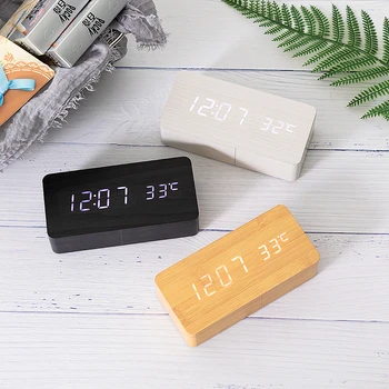 

LED Wooden Alarm Clock Watch Table Voice Control Digital Wood Alarm Clock Electronic Desktop USB/AAA Powered Clocks Table Decor