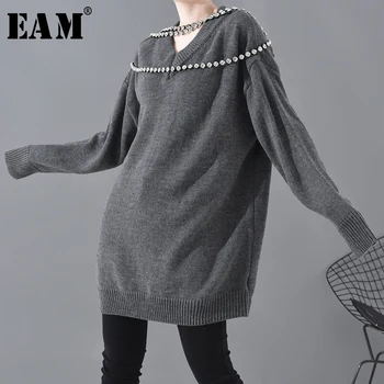 

[EAM] Rhinestone Big Size Knitting Sweater Loose Fit V-Neck Long Sleeve Women Pullovers New Fashion Tide Spring 2020 1N07902