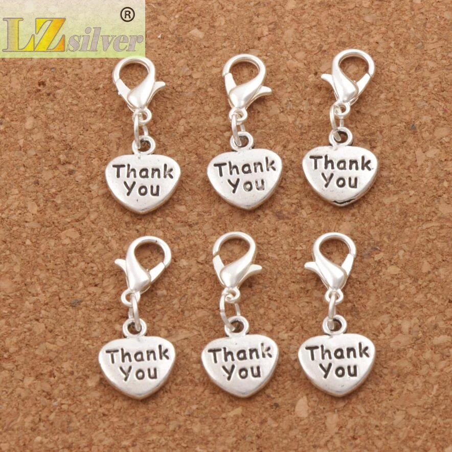 Thank You Heart Lobster Claw Clasp Charm Beads 100ps  26.6x10.9mm Zinc Alloy Jewelry DIY C373